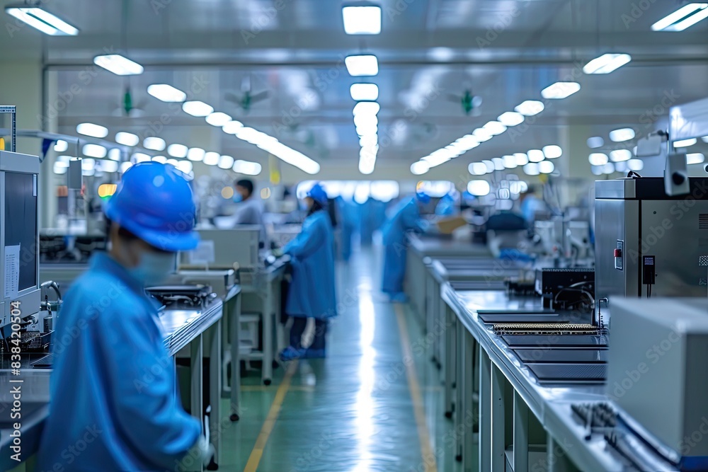 Poster a factory with workers working on electronics, a factory with workers working on electronics, Factory floor with workers packaging electronic devices