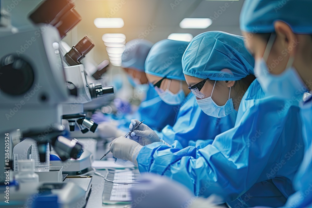 Aufkleber a group of people working in a lab, a group of people working in a lab, Factory technicians assembling medical equipment