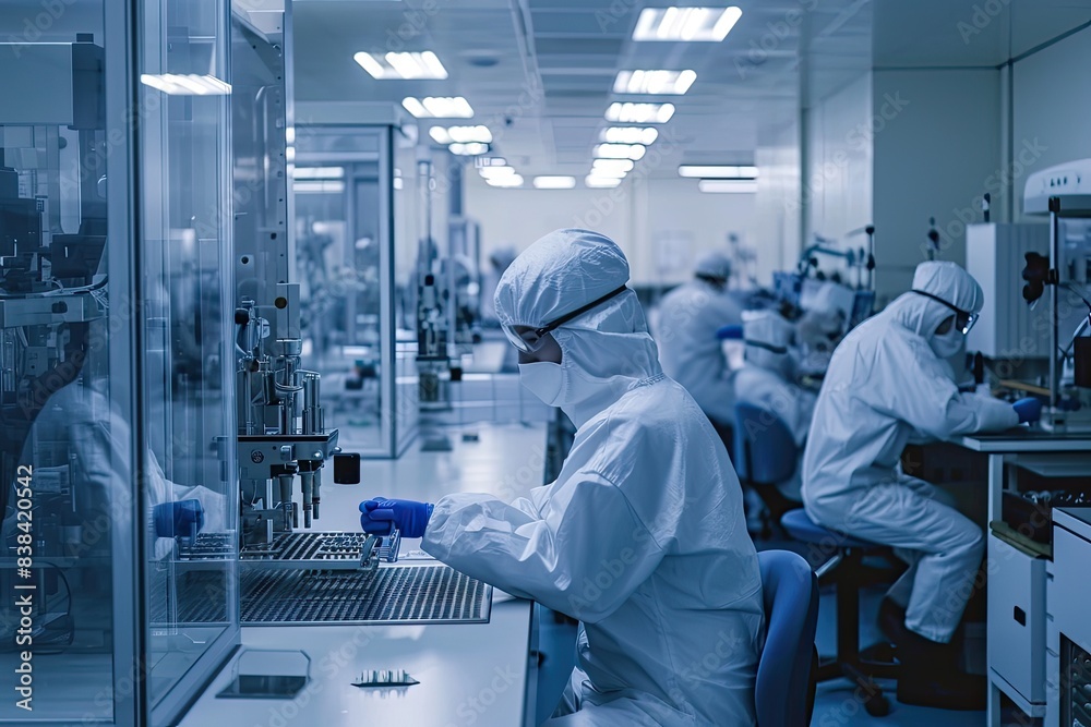 Poster a group of people working in a lab, a group of people working in a lab, Factory technicians assembling medical equipment