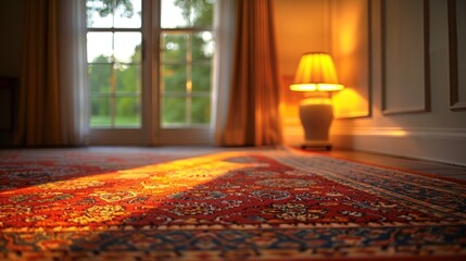 Worn-out, stained carpet in a neglected hotel room. 