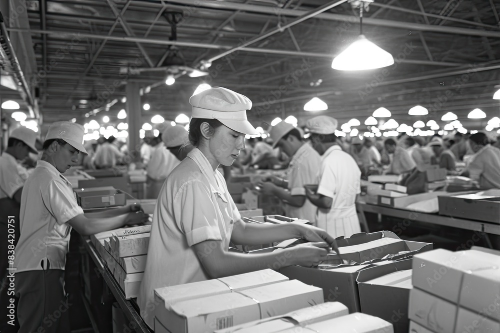 Poster a group of men working in a factory, a group of men working in a factory, Factory workers packaging finished goods