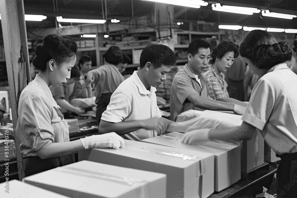 Poster a group of men working in a factory, a group of men working in a factory, Factory workers packaging finished goods