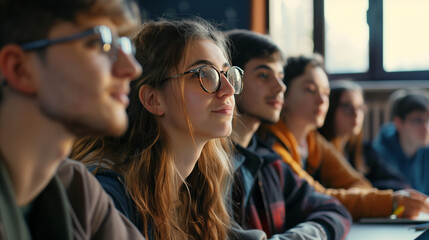 Obraz premium Students sit in the lecture hall, listening to the lecture. A portrait of focused and interested students in the classroom during the lecture.