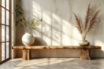 Sunlit rustic wooden bench and vases, perfect for natural light and interior design themes.