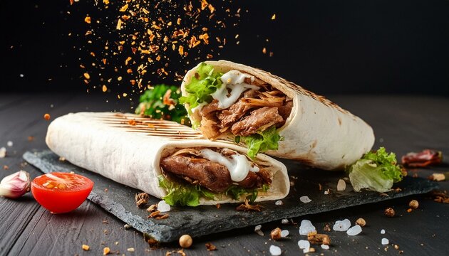 Freshly grilled Turkish beef or Arabic chicken shawarma doner sandwich with flying ingredients and spices - hot and ready to serve. Advertising banner with space for text.