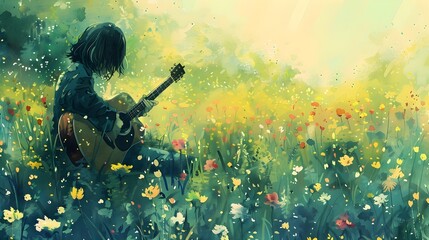 Solitary Musician Playing Guitar Amidst Lush Floral Meadow