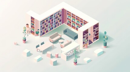 Fototapeta premium Isometric illustration of a modern library with architectural details and quiet reading corners, representing knowledge and tranquility, with room for text