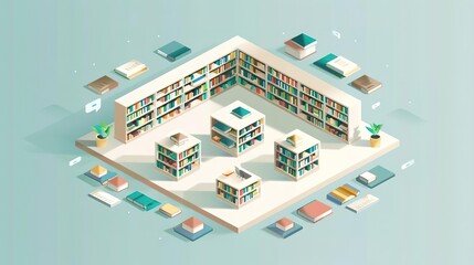 Fototapeta premium Isometric illustration of a library with bookshelves and books