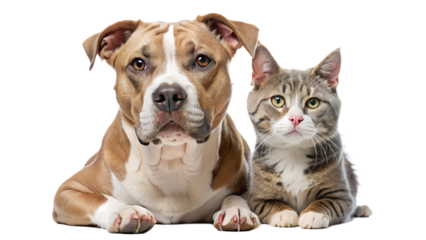 pitbull and a cat sitting side by side against a white background. The dog, larger in size, has its face partially obscured by a brown blurred rectangle