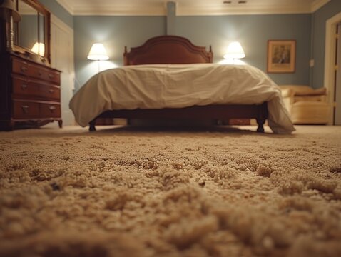 Worn-out, stained carpet in a neglected hotel room. 