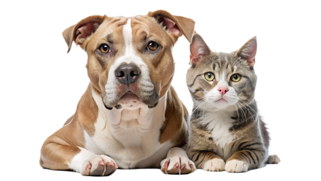 pitbull and a cat sitting side by side against a white background. The dog, larger in size, has its face partially obscured by a brown blurred rectangle