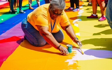 Elderly Woman Joyfully Painting Rainbow Mural at Pride Month Celebration, Surrounded by Community Members in Daylight