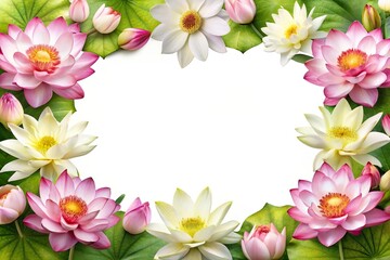 frame of lotus and water lily flowers with white blank space