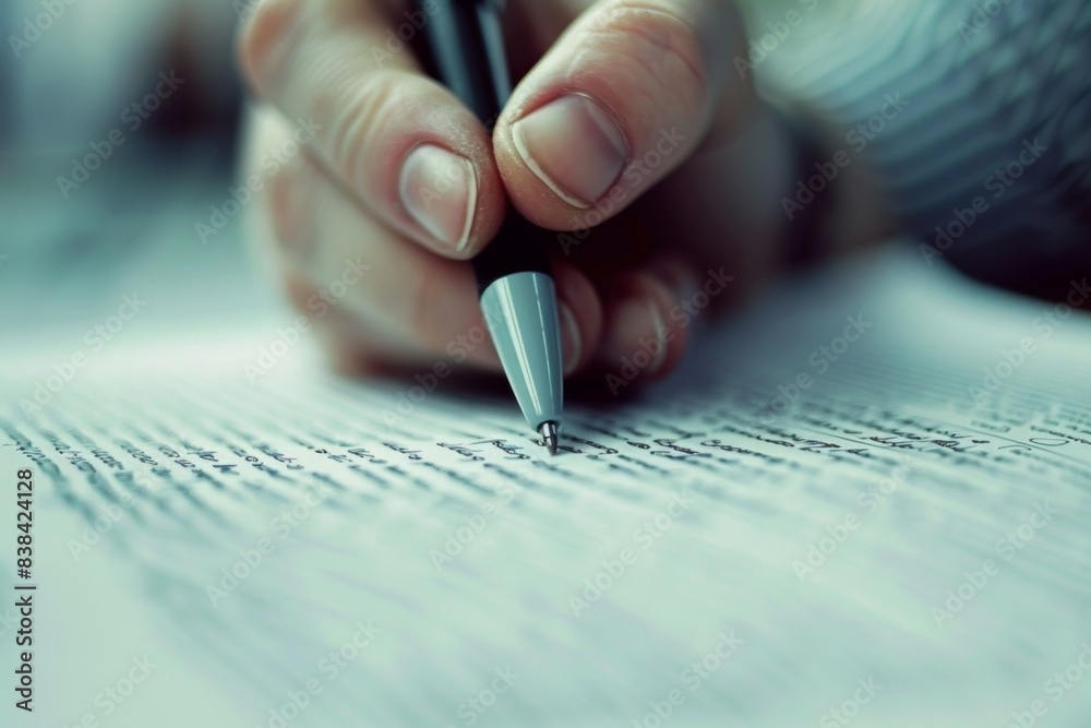 Poster meticulous risk assessment documentation: detailed view of hand writing in report, emphasizing textu