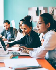 Fototapeta premium Diverse Team of Professionals Conducting Risk Analysis in Bright, Pastel-Themed Office