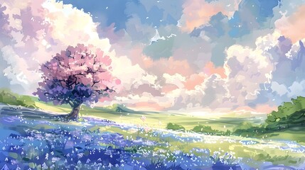 Blooming Cherry Blossom Tree in Idyllic Spring Landscape with Vibrant Floral Field and Cloudy Sky