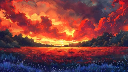 Fototapeta premium Breathtaking Fiery Sunset Over Tranquil Countryside Landscape With Lush Foliage and Shimmering Lake