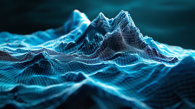 Abstract 3D digital landscape with glowing blue grid lines forming virtual mountains and valleys on a dark background, futuristic tech scenery.