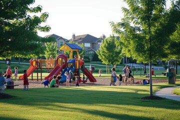 Joyful running child, playground background, a group of children running around a playground, Kids playing in a neighborhood park
