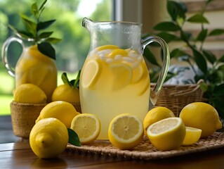 Fototapeta premium a pitcher of lemonade with lemons around it