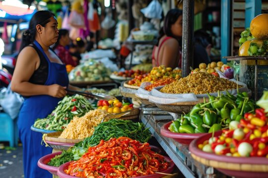 Colorful street food display, a street vendor selling food on a street, Local street food vendors in a foreign market