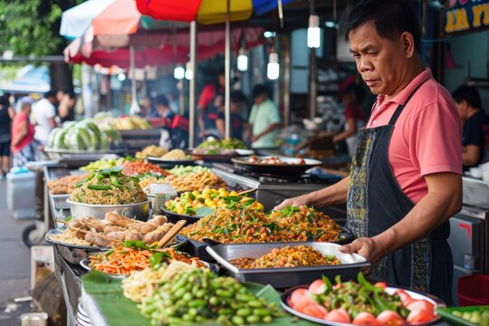 Colorful street food display, a street vendor selling food on a street, Local street food vendors in a foreign market