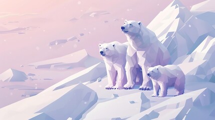 A family of polar bears stands on a snowy mountain overlooking a frozen landscape.