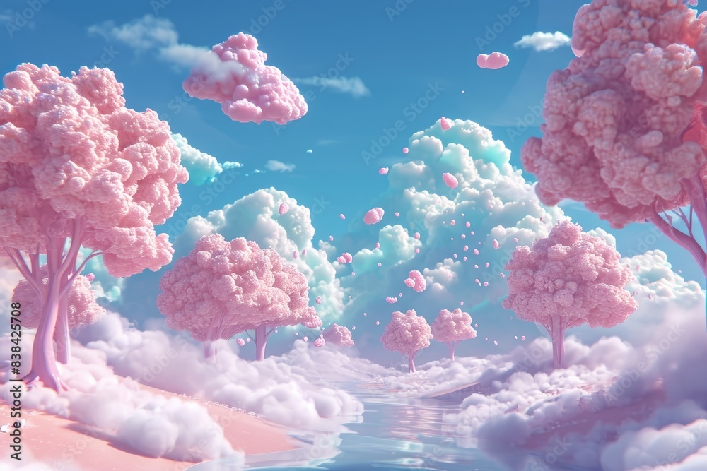 Aufkleber surreal pink cloud-trees, dreamlike scene, a pink sky with clouds and trees in the foreground, marsh