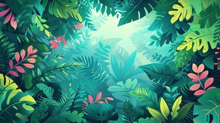 Fototapeta premium Vibrant tropical rainforest with lush greenery and flowers, a perfect backdrop for nature-themed designs.