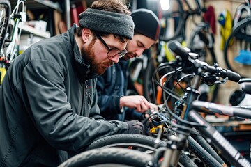 Focused bike mechanic working, a man working on a bike in a bike shop, Mechanics at a bike repair shop expertly fixing and tuning up various bicycles