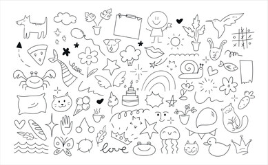 Childish doodle outline elements collection. Hand drawn animals, plants and objects in scribble style. Vector illustration