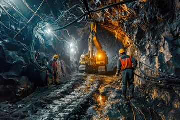 Underground mine, workers, machinery, a group of men walking through a tunnel, Miners extracting...