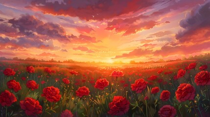 Fototapeta premium Breathtaking Sunset Over a Vibrant Floral Field