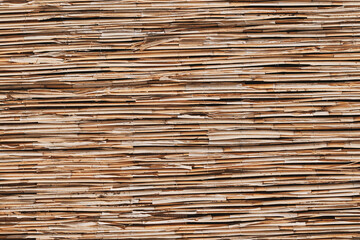 Handmade fence made of dried reeds as background.