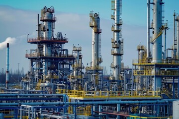 Complex industrial piping, sunny blue sky, a large industrial plant with pipes and pipes, Oil refinery with pipes and industrial structures