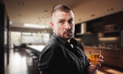 Health care alcoholism concept, young man holding glass
