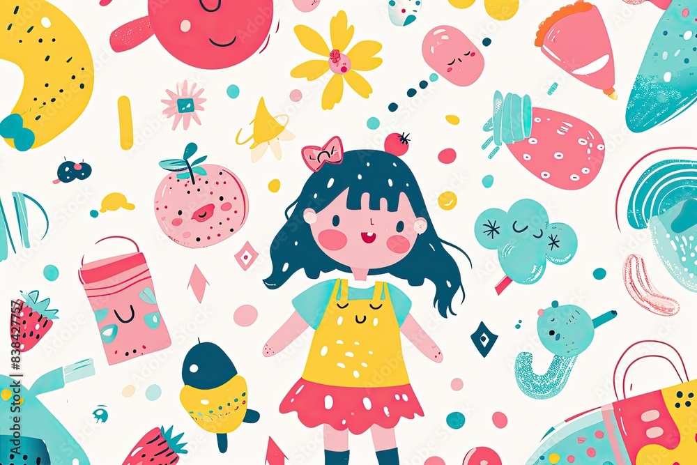 Poster Colorful, cute animal illustrations, a pattern of colorful animals and stars, Playful and charming vector background with cute objects and characters