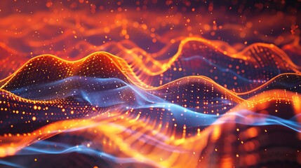 Abstract digital waves in vibrant red and blue colors, resembling data flow or neural networks, excellent for tech and digital themed projects.