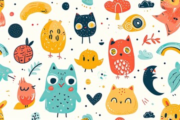 Colorful, cute animal illustrations, a pattern of colorful animals and stars, Playful and charming vector background with cute objects and characters