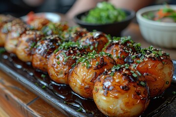 Takoyaki - Round, crispy octopus balls topped with mayonnaise, takoyaki sauce, and bonito flakes. 