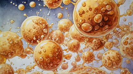 Watercolor painting: A close-up view of yeast cells during the fermentation process, converting sugar into alcohol and carbon dioxide,