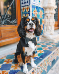 Happy Cavalier King Charles Spaniel dog in a bow tie sits on the porch