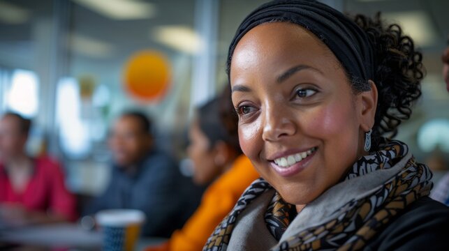 World Day for Decent Work: Young Black Woman Leading Discussions in a Diverse Office Space, Promoting Inclusion and Fair Workplace Practices
