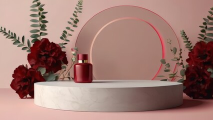 3D background, Pink circle podium. Round display, rose flower branch shadow. Cosmetic or beauty product promotion step pedestal. Abstract minimal 3D render copy space template. Abstract background
