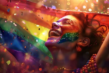 A dynamic and joyful image of a person with a rainbow-painted face, laughing happily, while a large pride flag flutters behind them, surrounded by sparkling lights and celebratory elements