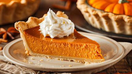 A man enjoys a traditional Thanksgiving dinner with a slice of pumpkin pie topped with whipped cream.