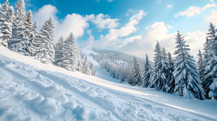 A skier carves through fresh powder on a winter ski slope, leaving behind a trail of snow in their wake.