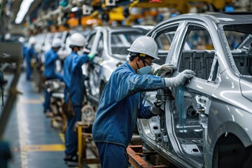 Focused worker on car assembly line, a man working on a car in a factory, Workers at a bike manufacturing plant installing cutting-edge features in bicycles