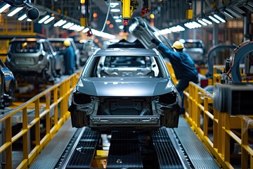 Focused worker on car assembly line, a man working on a car in a factory, Workers at a bike manufacturing plant installing cutting-edge features in bicycles