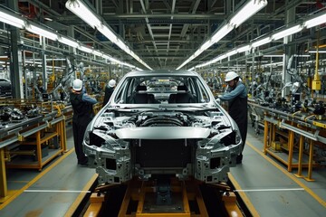 Unfinished silver vehicle on assembly line, a car being built in a factory with workers, Workers in a car assembly line meticulously fitting components together